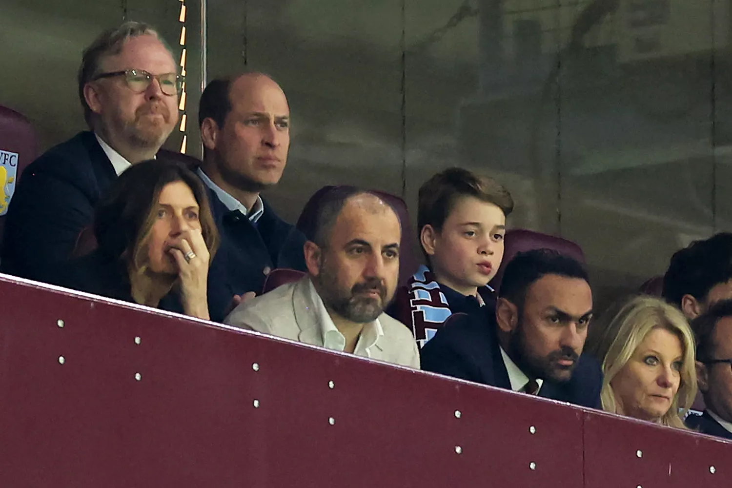 Prince William, Prince of Wales and Prince George of Wales watch from the stands during the UEFA Europa Conference League 2023/24 Quarter-final first leg match between Aston Villa and Lille OSC at Villa Park on April 11, 2024 in Birmingham, England.
